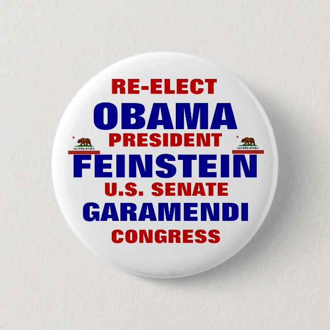 California for Obama Feinstein Garamendi Pinback Button (Front)
