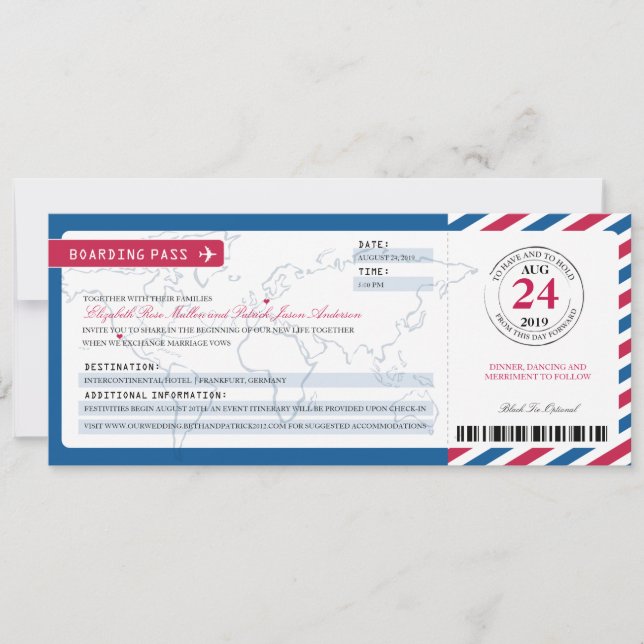 California & Germany Airmail Boarding Pass Wedding Invitation (Front)