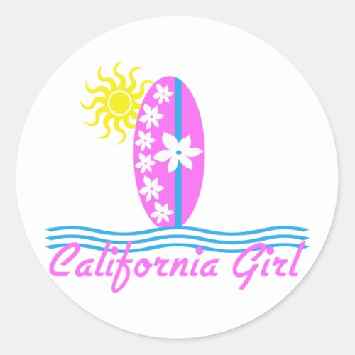 California Girl Pink Surfboard WSun Classic Round Sticker
