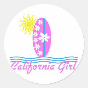 California Girl Pink Surfboard W/Sun Classic Round Sticker