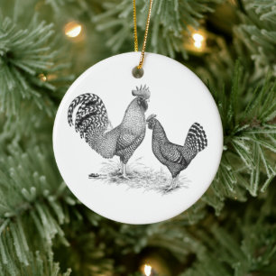 California Gray Rooster and Hen Ceramic Ornament