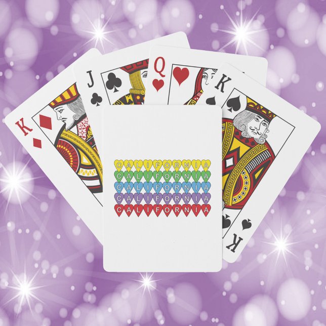 California Heart Pattern Colorful Poker Cards (A deck of playing cards with the word California in yellow, green, blue, purple and red hearts)