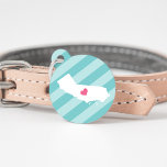 California Heart Pet ID Tag<br><div class="desc">Let your furry friend show some home state pride with this cute California ID tag. Design features a white silhouette map of the state of California with a pink heart inside, on a tone on tone turquoise stripe background. Add your pet's name and contact information to the back in white...</div>