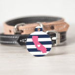 California Heart Pet ID Tag<br><div class="desc">Let your furry friend show some home state pride with this cute California ID tag. Design features a white silhouette map of the state of California in pink with a white heart inside, on a preppy navy blue and white stripe background. Add your pet's name and contact information to the...</div>