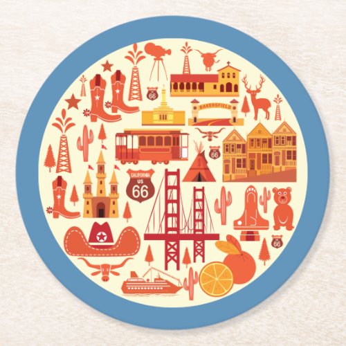 California Icons Round Paper Coaster California Icons Round Paper Coaster