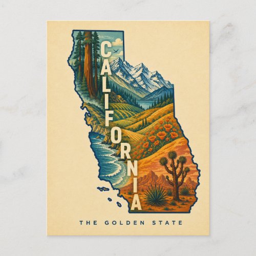 California Illustrated Golden State Map Postcard