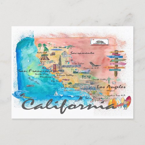 California Illustrated Map with Tourist Highlights Postcard