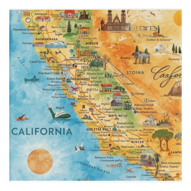 California Illustrated Watercolor Map Art (Front)