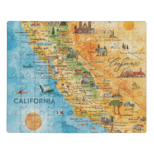 California Illustrated Watercolor Map Art Jigsaw Puzzle