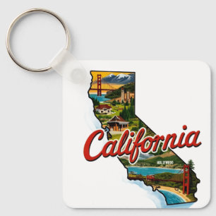 California Landmarks Map Illustration–Retro Travel Keychain