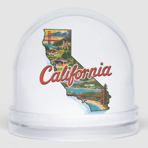 California Landmarks Map Illustration–Retro Travel Snow Globe