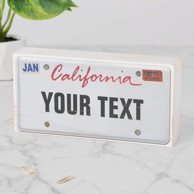 California License Plate with your Text Wooden Box Sign (In Situ Horizontal)