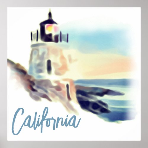 California Lighthouse Sunset Painting Fine Art Poster