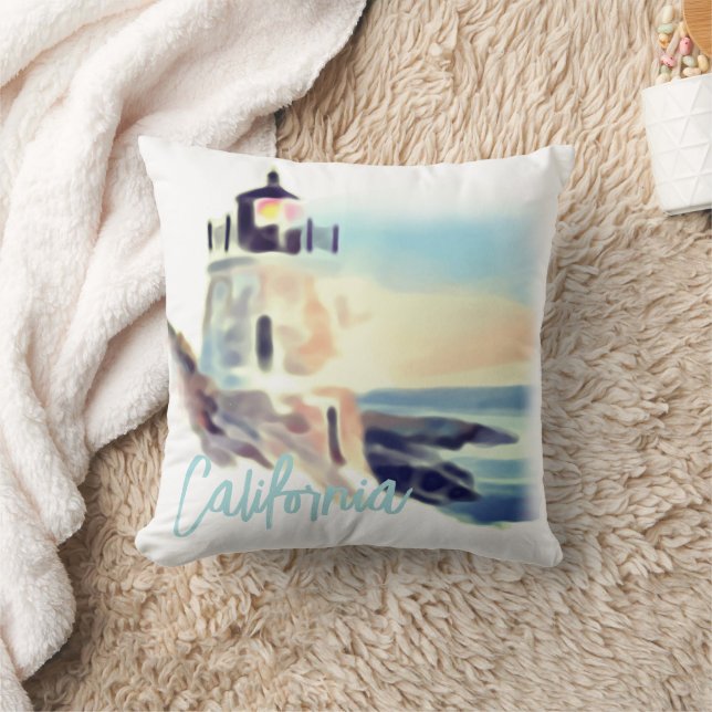 California Lighthouse Sunset Painting Fine Art Throw Pillow (Blanket)
