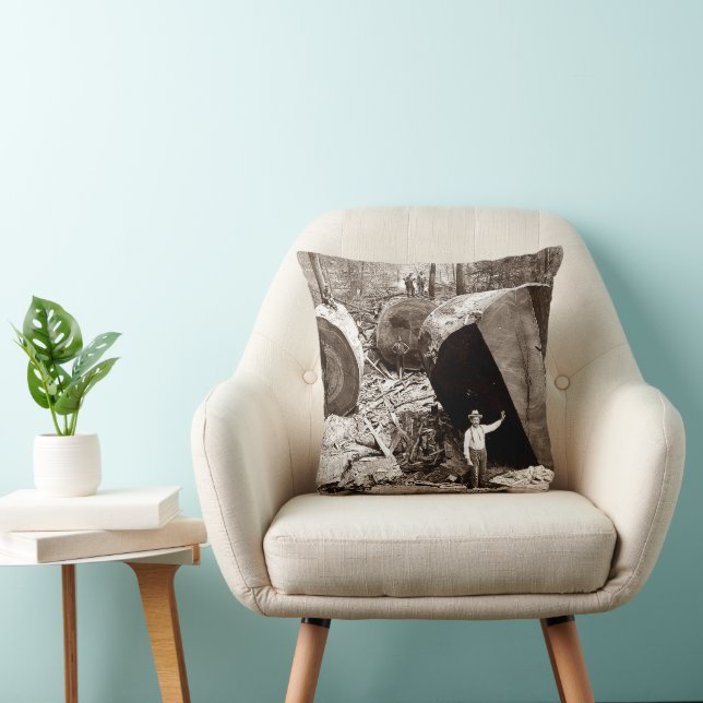 California Lumberjacks Next to Fallen Redwood 1910 Throw Pillow (Chair)