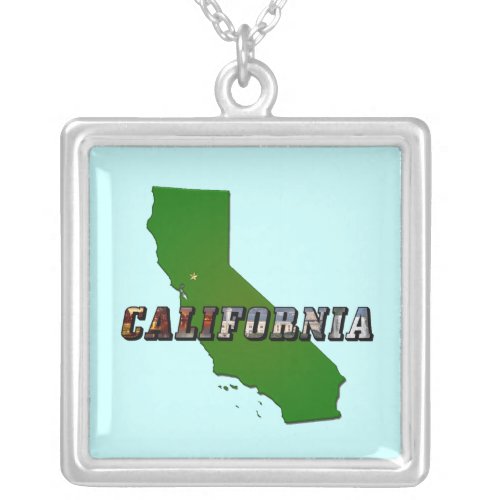 California Map and Picture Text Silver Plated Necklace