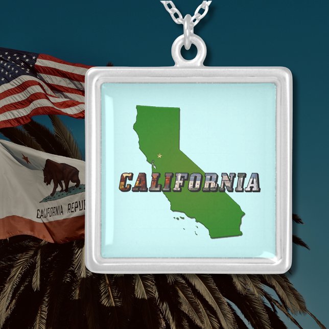 California Map and Picture Text Square Silver Plated Necklace (California Map and Picture Text Square Silver Plated Necklace)
