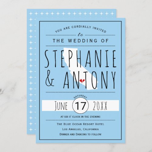 California map and red hearts destination wedding invitation