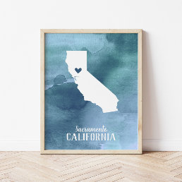 California Map Blue Watercolor Personalized Art Poster