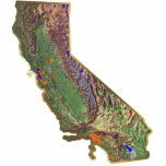 California Map Magnet Cut Out<br><div class="desc">This magnet, shaped like the state of California, displays a relief map of the state surrounded by a gold effect border. Californian decor for your fridge.
Map derived from images at nationalatlas.gov.</div>