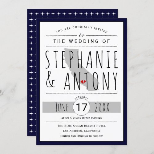 California map navy blue and grey wedding invitation