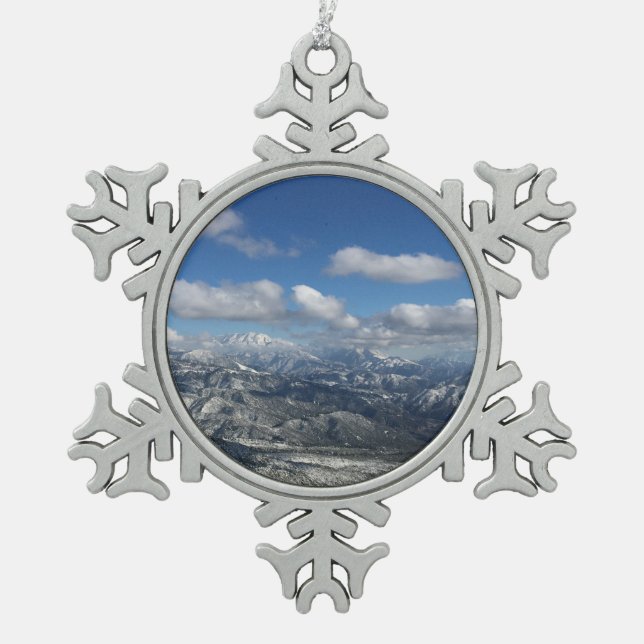 California Mountain Snow Snowflake Pewter Christmas Ornament (Front)
