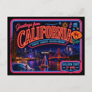 California Neon State Retro Vintage Postcard