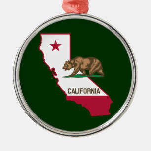 California Outline and Flag Metal Ornament