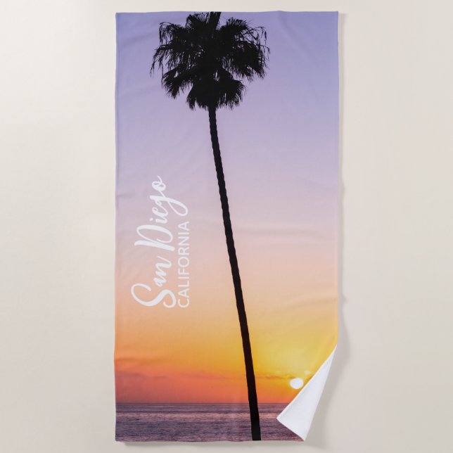 California Palm Tree Beach Sunset San Diego Beach Towel (Front)