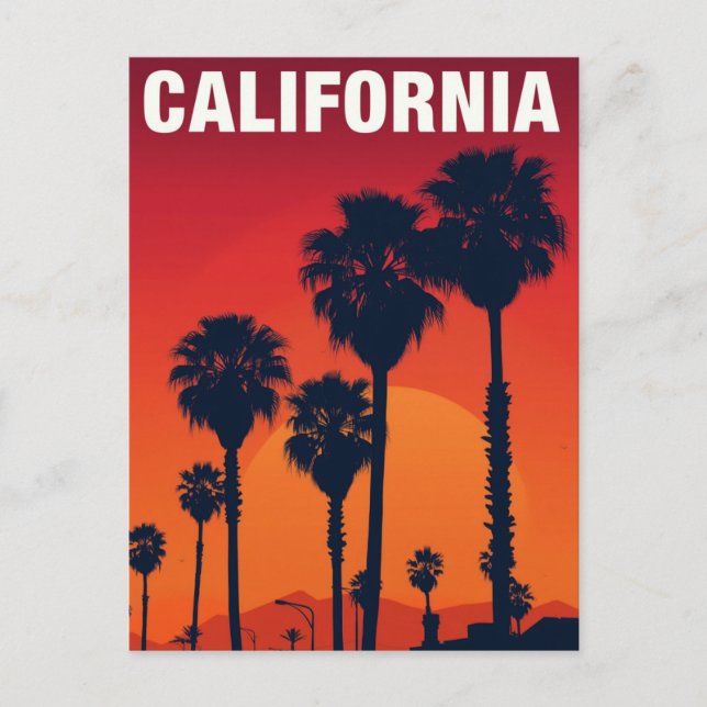 California Palm Trees Sunset Retro Postcard (Front)