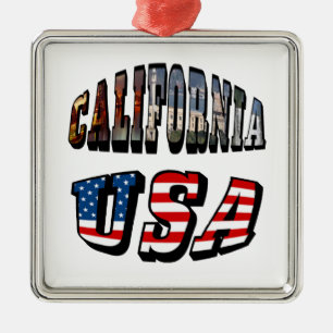 California Picture and USA Flag Text Metal Ornament