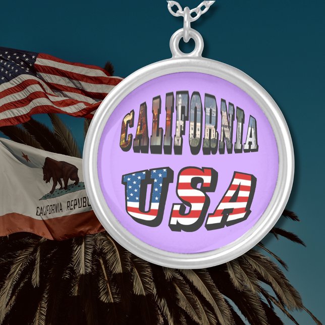 California Picture and USA Flag Text Round Silver Plated Necklace (California Picture and USA Flag Text Round Silver Plated Necklace)