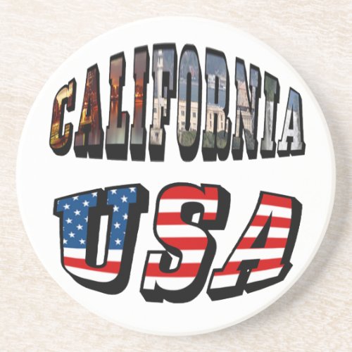 California Picture and USA Flag Text Sandstone Coaster