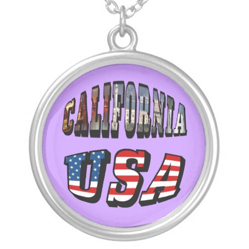 California Picture and USA Flag Text Silver Plated Necklace