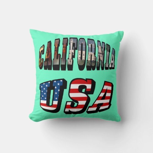 California Picture and USA Flag Text Throw Pillow