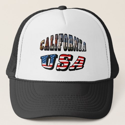 California Picture and USA Flag Text Trucker Hat