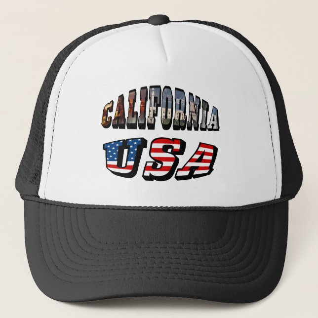 California Picture and USA Flag Text Trucker Hat (Front)
