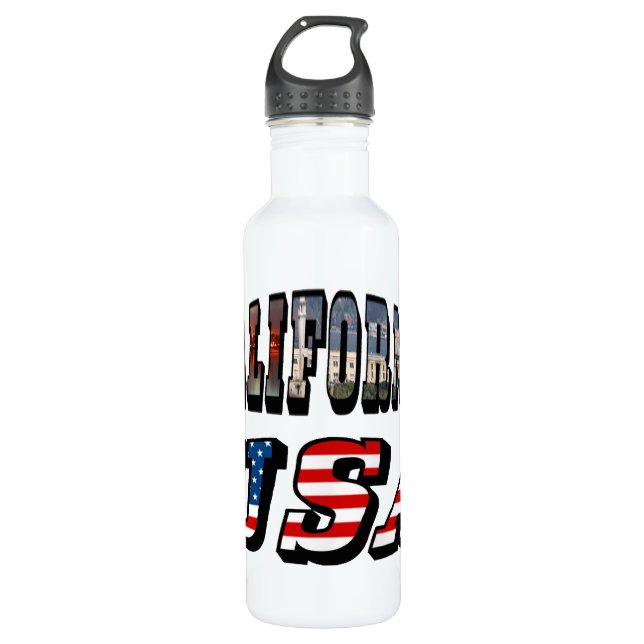 California Picture and USA Flag Text Water Bottle (Front)