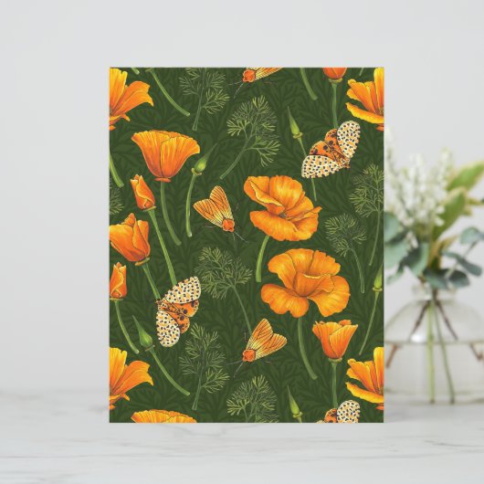 California poppies and moths on dark green (Standing Front)