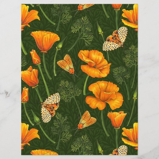 California poppies and moths on dark green (Front)