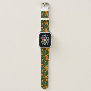 California poppies and moths on dark green apple watch band