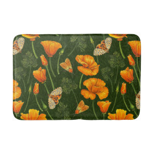 California poppies and moths on dark green bath mat