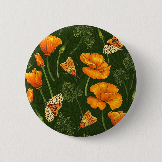 California poppies and moths on dark green button (Front)