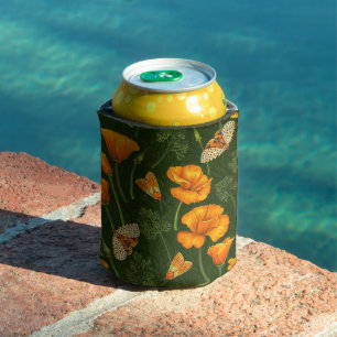California poppies and moths on dark green can cooler