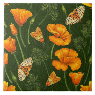 California poppies and moths on dark green ceramic tile