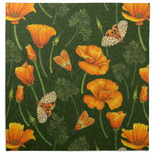 California poppies and moths on dark green cloth napkin