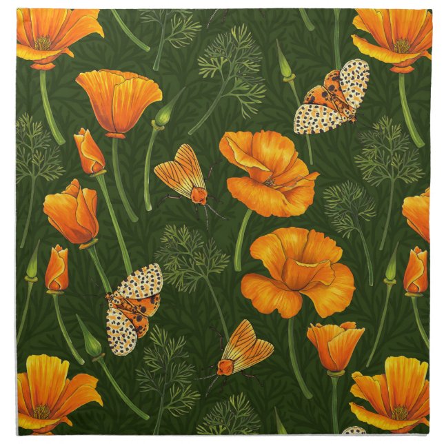 California poppies and moths on dark green cloth napkin (Front)