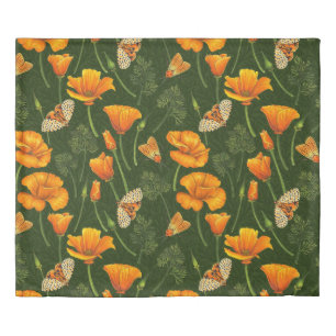 California poppies and moths on dark green duvet cover