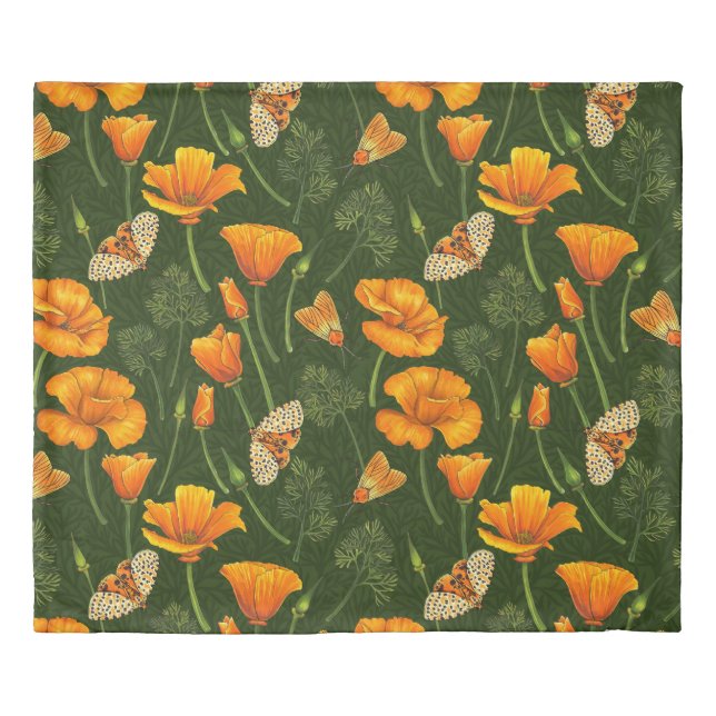 California poppies and moths on dark green duvet cover (Front)