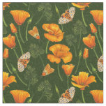 California poppies and moths on dark green fabric